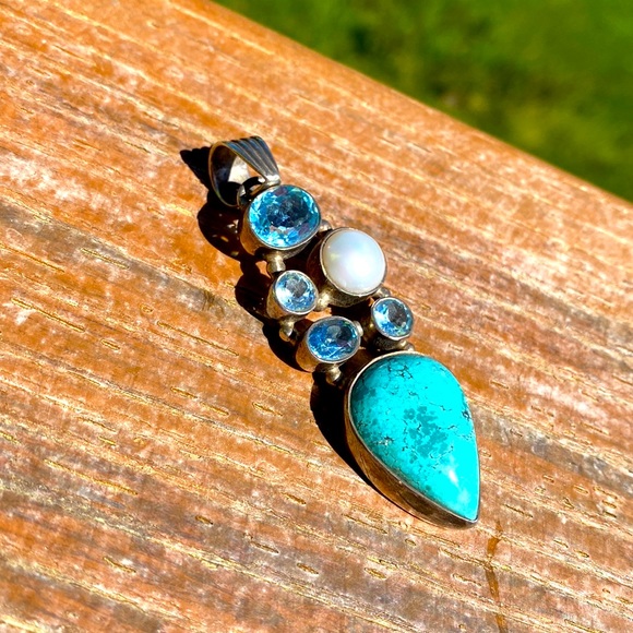 Turquoise & Silver & simulant stones on silver pendant ready for chain, leather - Picture 3 of 4